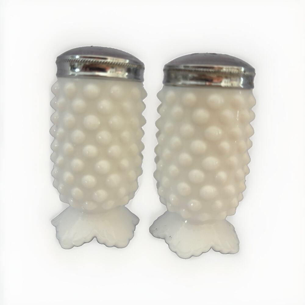 Vintage Set Fenton Footed Hobnail Salt & Pepper Shakers Milk Glass 3.5”